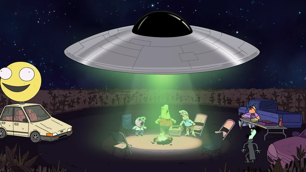 UFO scene with characters in green light