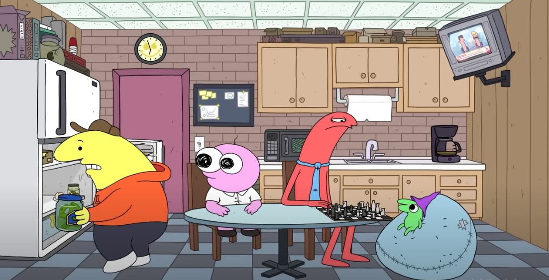 Break room scene with characters around table